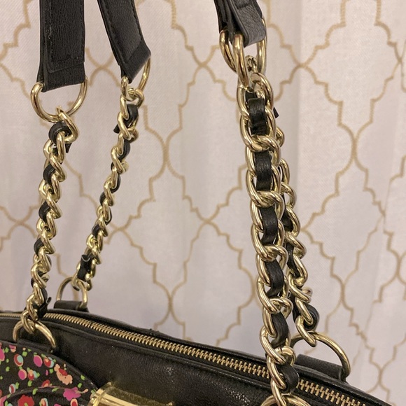 🌹Betsy Johnson pink floral bow shoulder / hand bag vintage black oversized - Picture 14 of 16